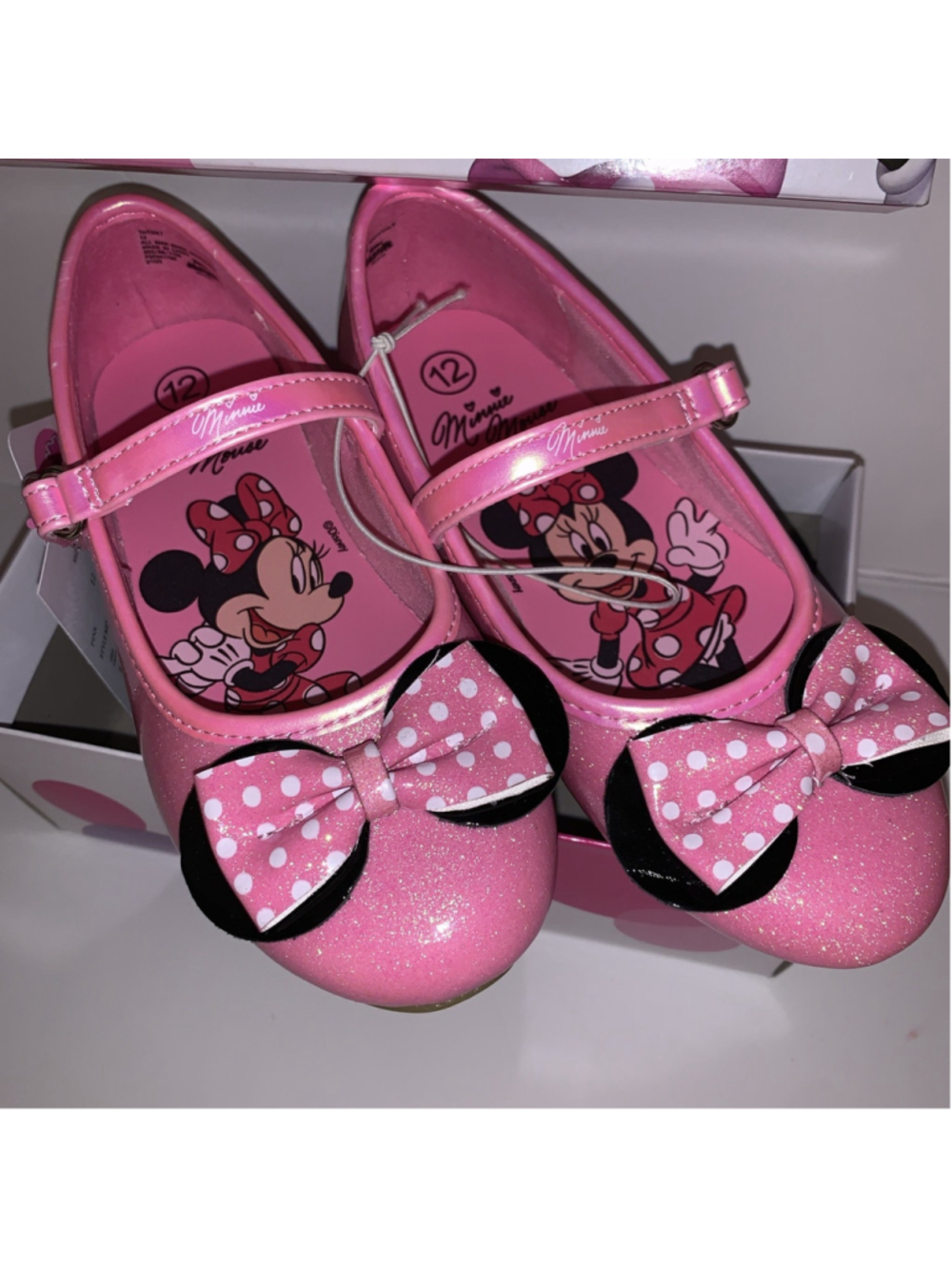 Disney Junior Minnie Mouse Flat Size 12 Pink Bowtie Glitter Sparkles New W/ Tags